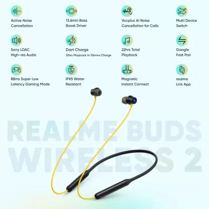 realme Buds Wireless 2 with Dart Charge and Active Noise Cancellation (ANC) Bluetooth Headset (Yellow, In the Ear) realme Buds Wireless 2 with Dart Charge and Active Noise Cancellation (ANC) Bluetooth Headset (Yellow, In the Ear)